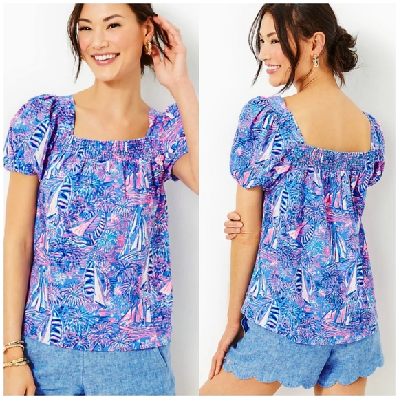 Lilly Pulitzer KEATING SHORT SLEEVE LINEN TOP IN BOCA BLUE ITS A SAILABRATION - Picture 1 of 9